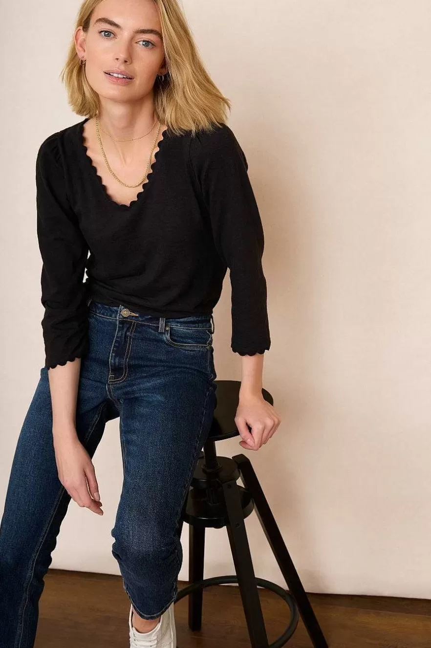 WYSE London Tops-Elyna Ric Rac 3/4 Sleeve Tee - Black