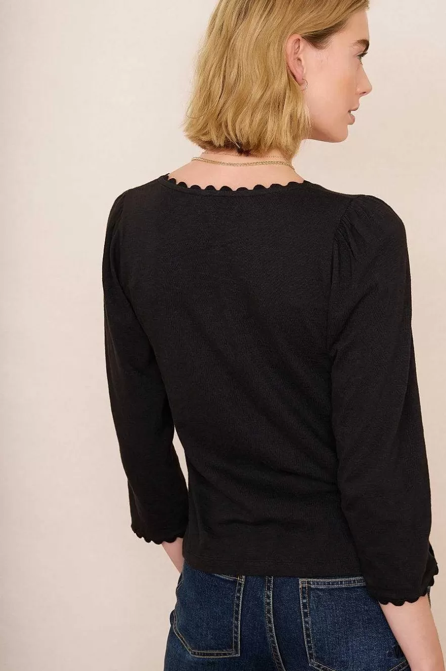 WYSE London Tops-Elyna Ric Rac 3/4 Sleeve Tee - Black
