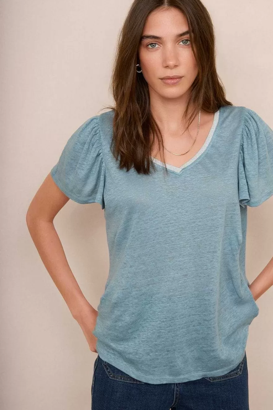 WYSE London Tops-Lily Shimmer Tee - Denim Blue