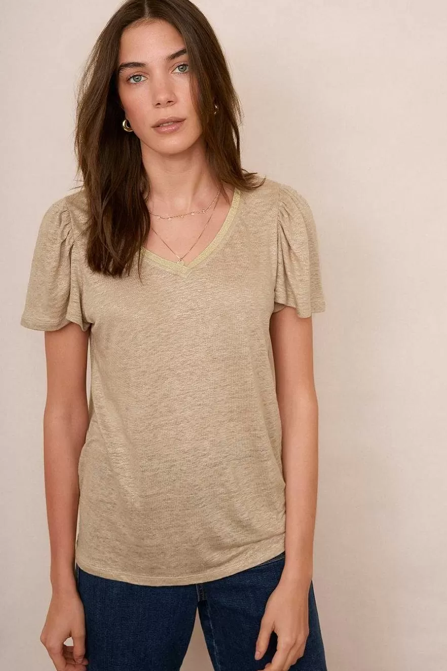 WYSE London Tops-Lily Shimmer Trim Linen Tee - Oat/Gold