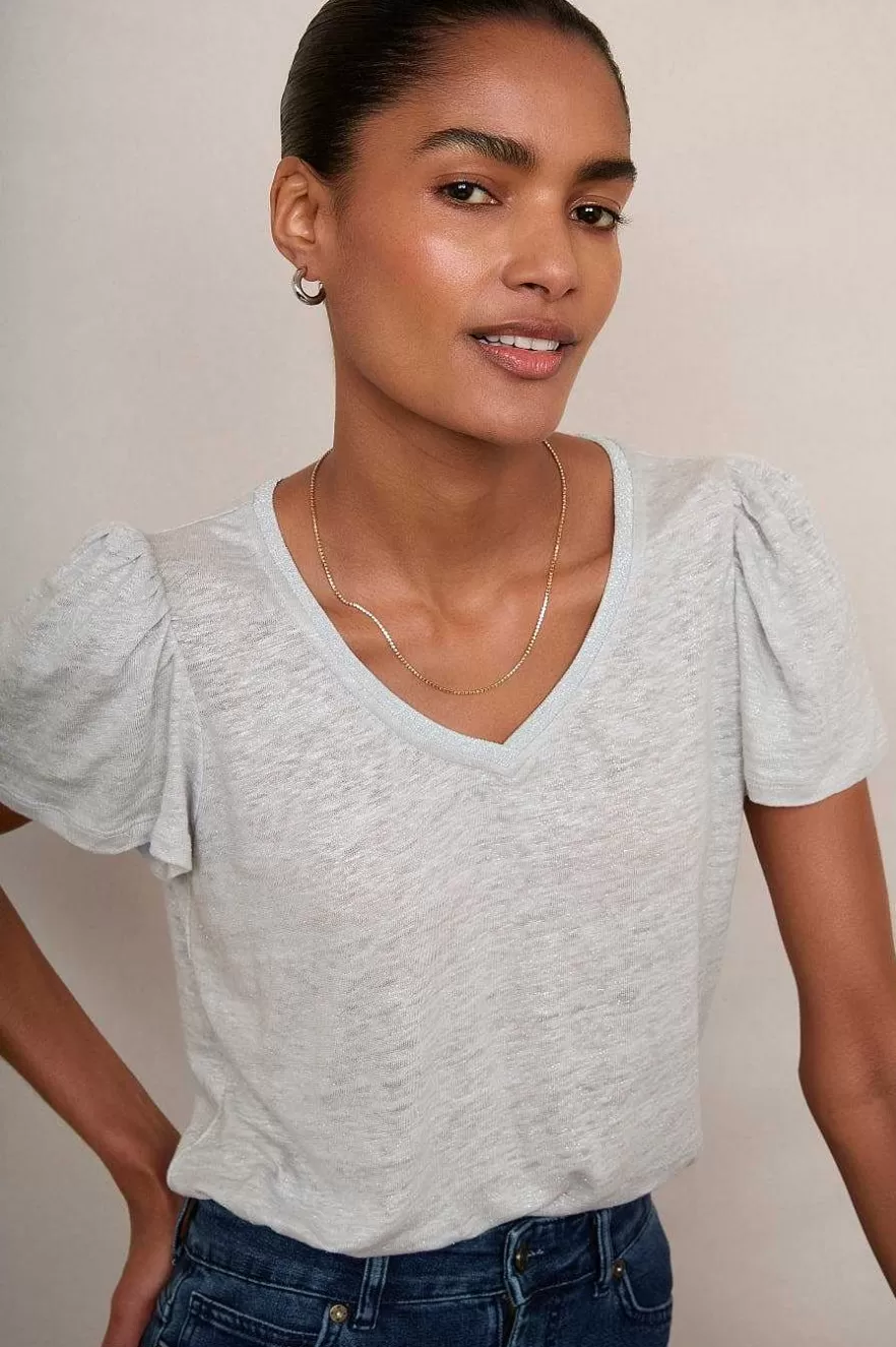 WYSE London Linen-Lily Shimmer Trim Linen Tee - Silver
