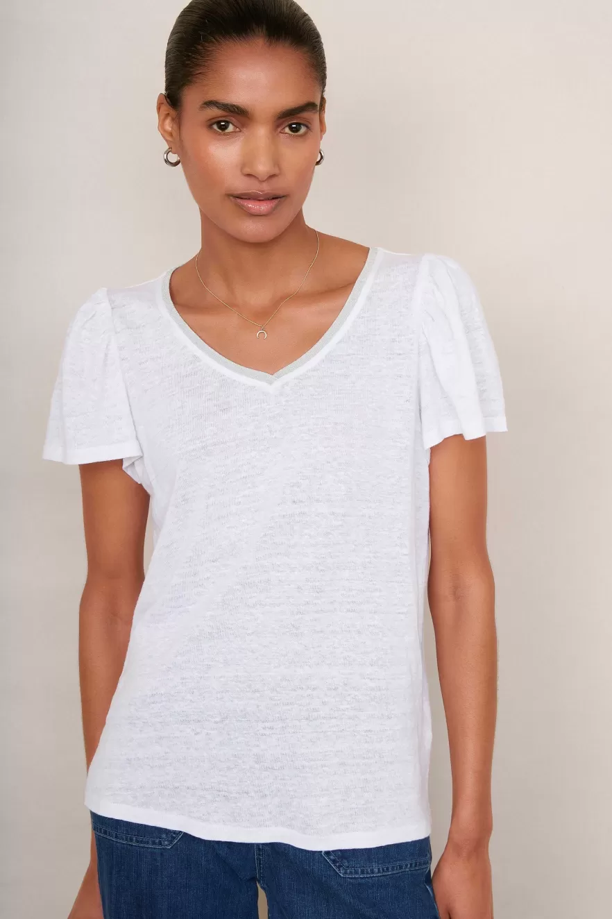 WYSE London Linen-Lily Shimmer Trim Linen Tee - White/Silver
