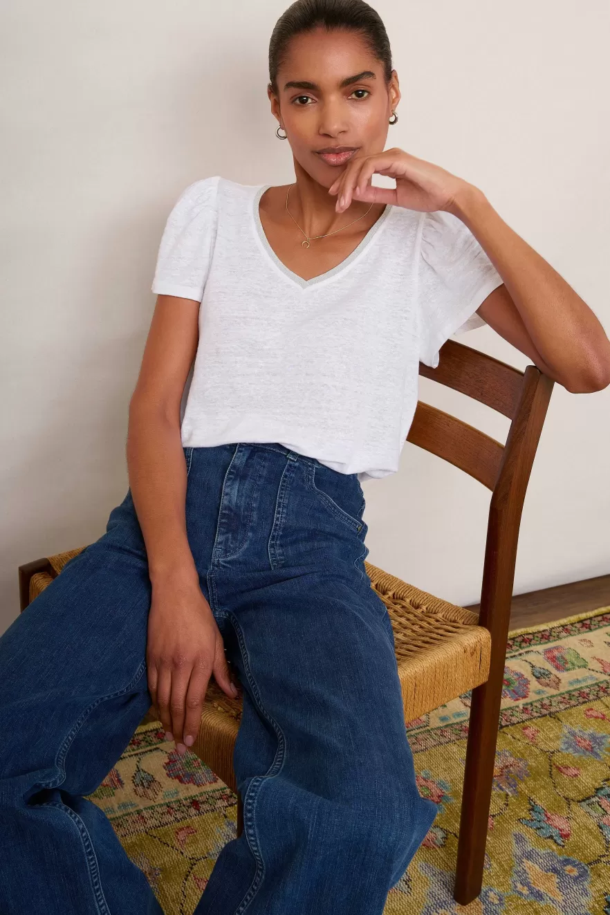WYSE London Linen-Lily Shimmer Trim Linen Tee - White/Silver