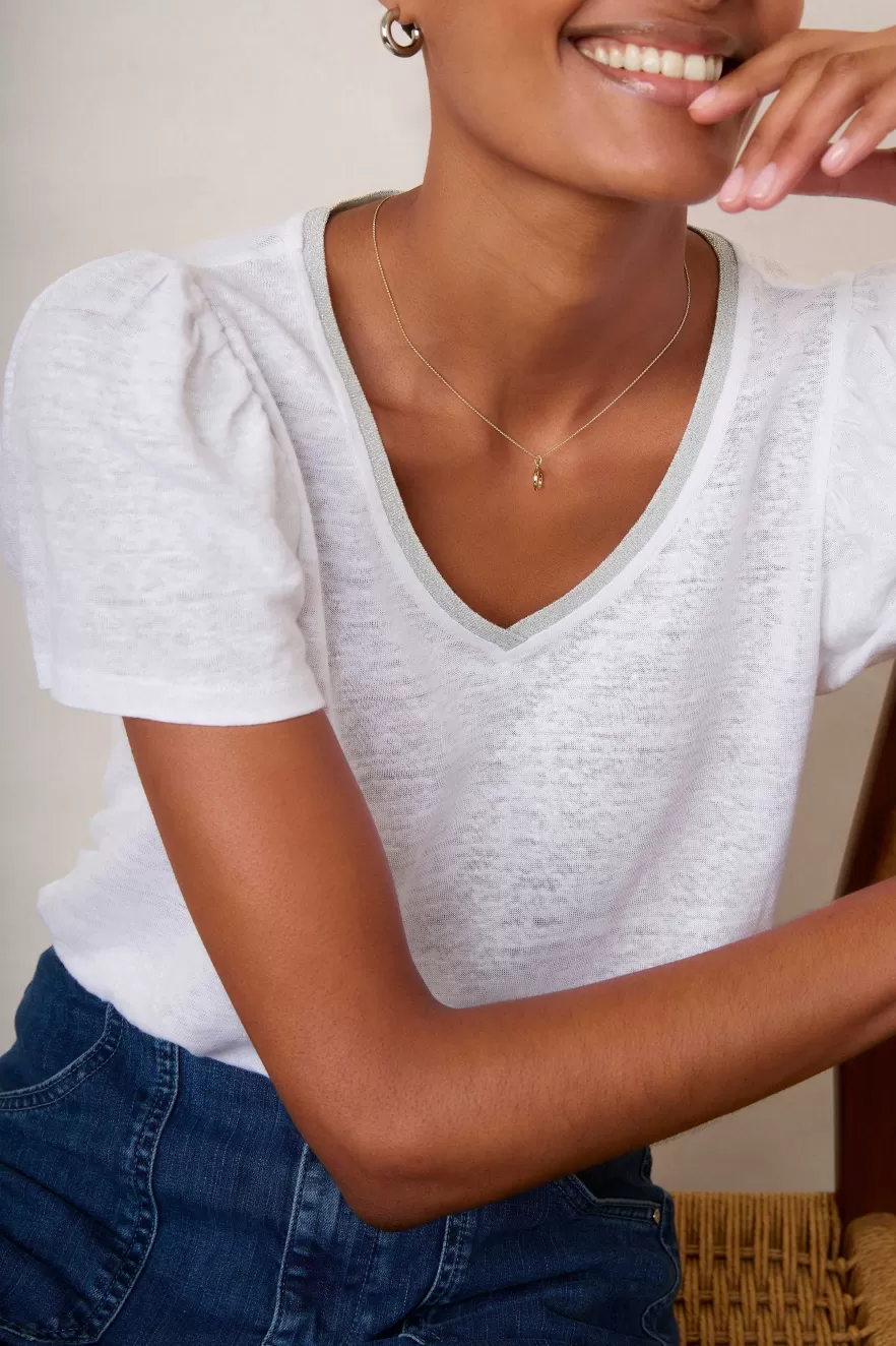 WYSE London Tops-Lily Shimmer Trim Linen Tee - White/Silver