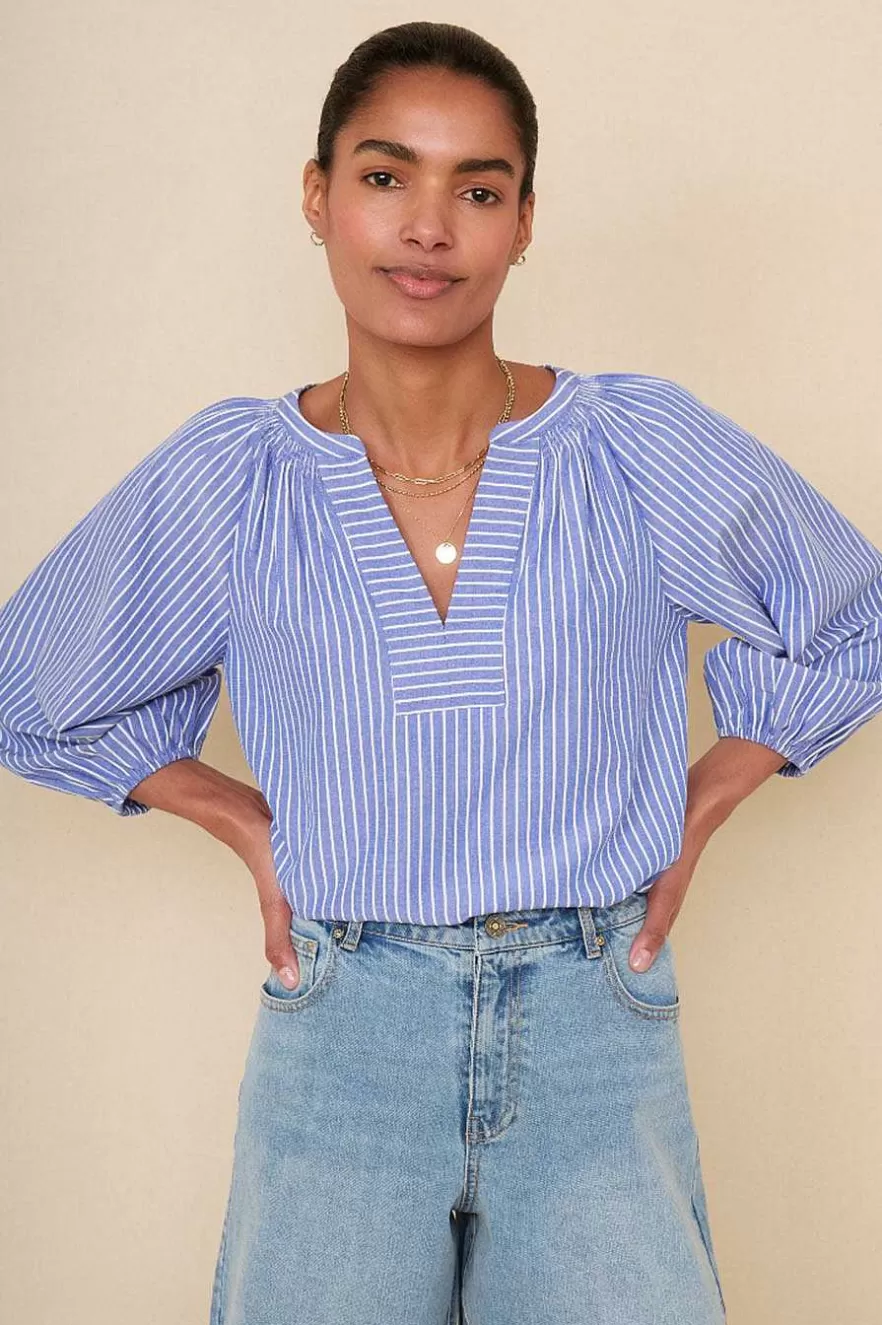 WYSE London Tops-Lorelai Stripe Shirt - Blue Stripe