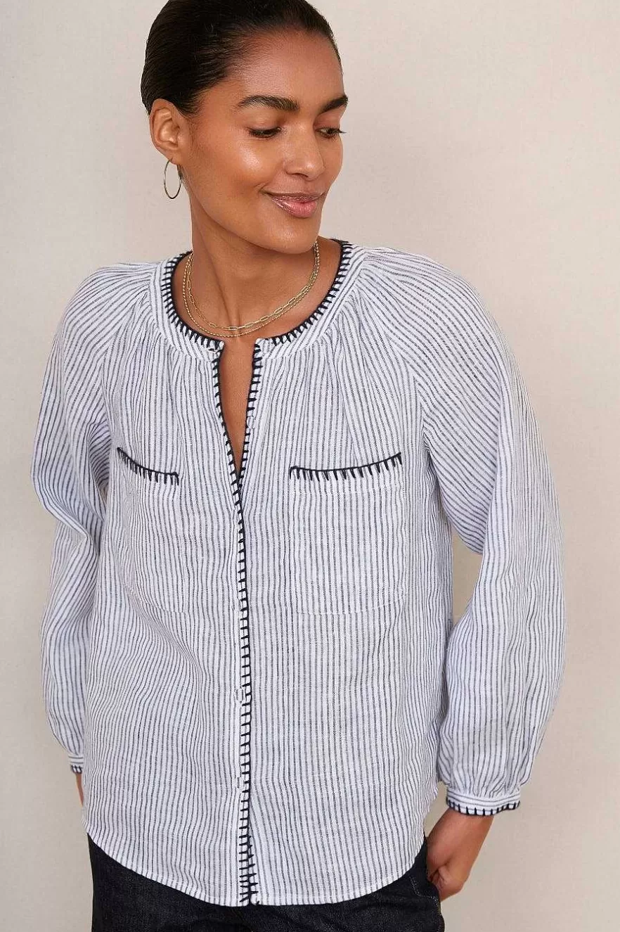 WYSE London Tops-Monica Linen Shirt - Blue/Ivory