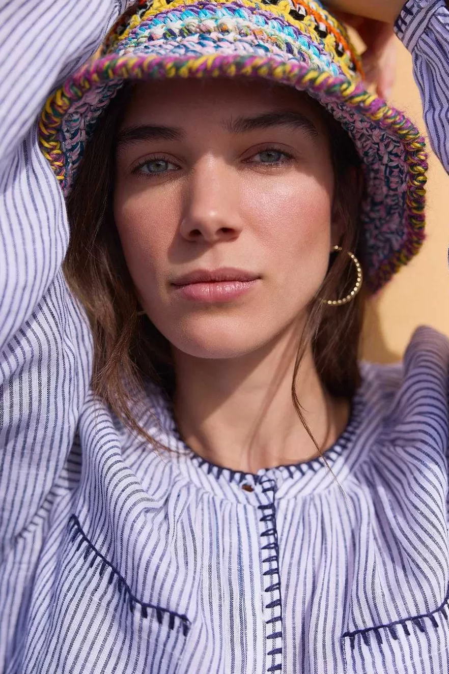 WYSE London Holiday-Monica Linen Shirt - Blue/Ivory