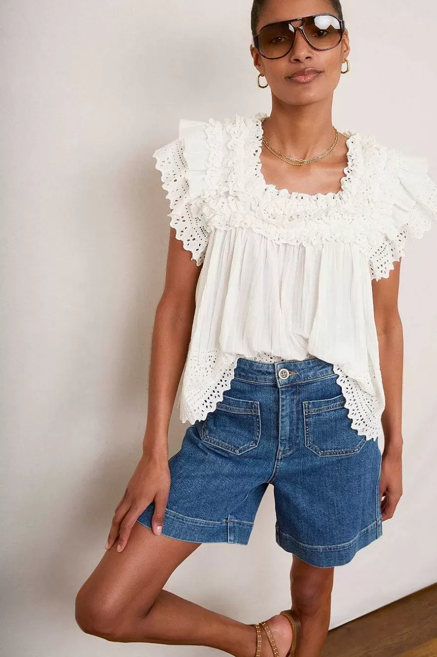 WYSE London Tops-Myla Broderie Top - Ivory