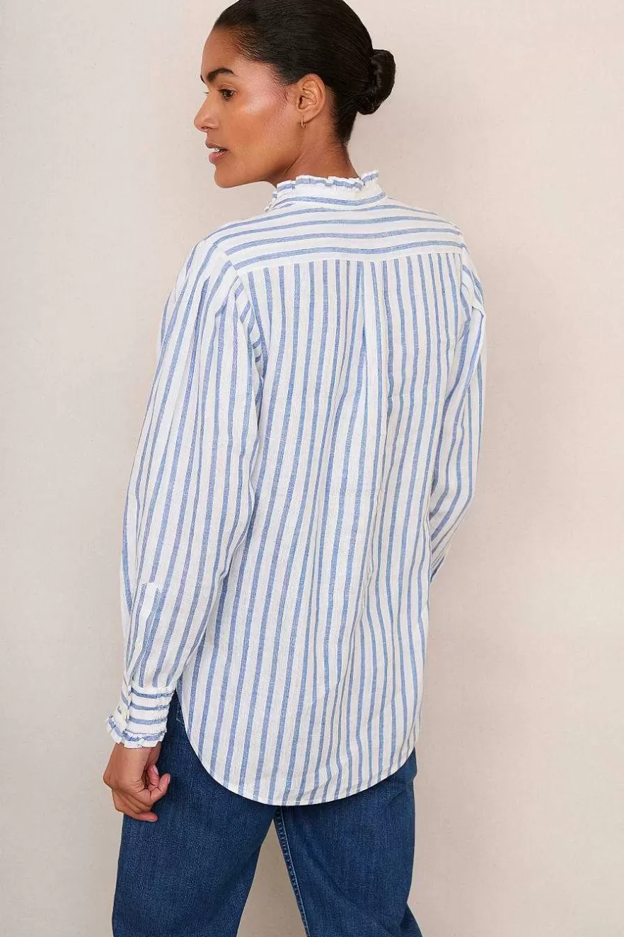 WYSE London Tops-Paris Linen Frill Shirt - Blue Stripe